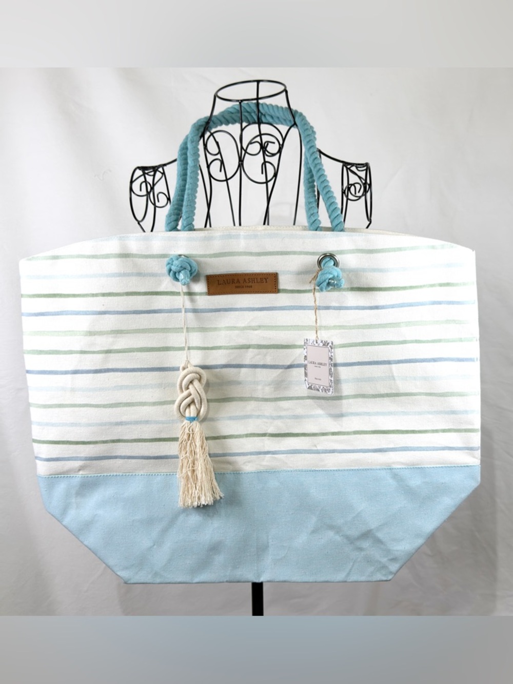 Laura Ashley Large Canvas Tote Bag Blue Stripe Rope Handle Nautical Beach NWT